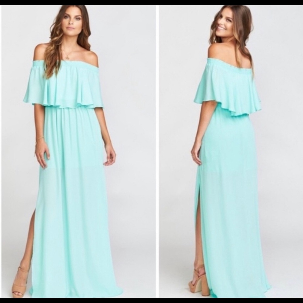 SHOW ME YOUR MUMU Hacienda Sea Glass Maxi Dress Size Large Off Shoulder Ruffle